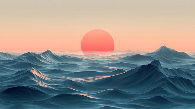 Vibrant sunset over minimalist ocean waves with soft hues and calming atmosphere