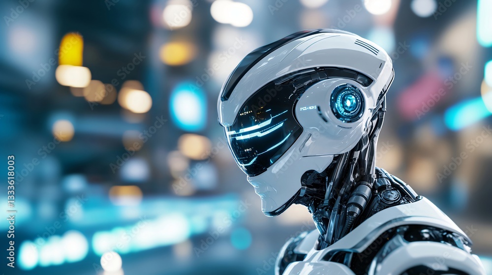 Poster futuristic robot with glowing blue eye in high-tech environment. artificial intelligence concept. cy