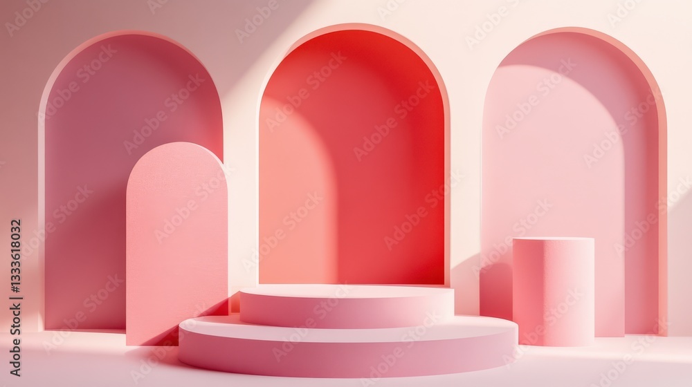 Poster serene abstract composition with pink shapes and architectural forms