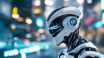 Fototapeta premium Futuristic robot with glowing blue eye in high-tech environment. Artificial intelligence concept. Cybernetic technology and machine learning for automation industry