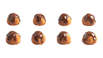 Row of eight small chocolate-glazed cream puffs are displayed for dessert menu advertising isolated on a transparent background.