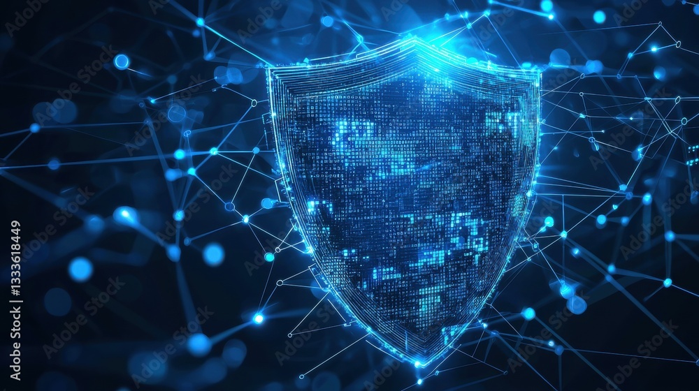 Poster protection cybersecurity shield holographic shield with glowing data points and security protocols, 