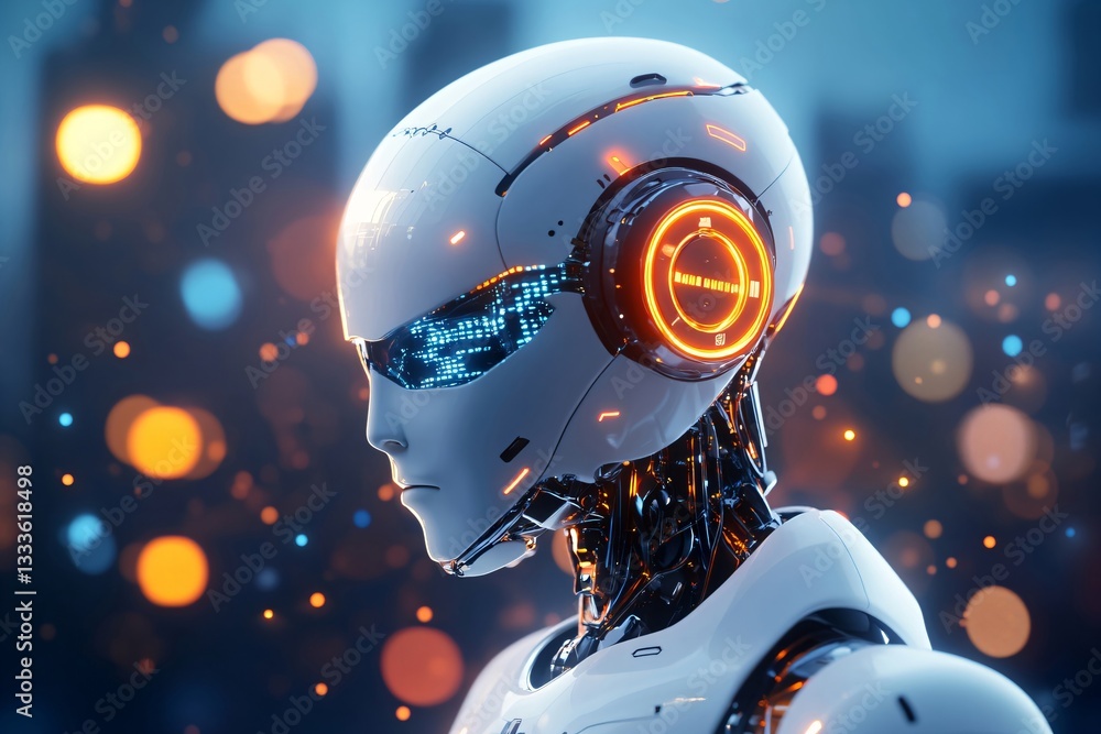 Poster futuristic robot head with glowing orange eye in profile view. artificial intelligence concept. adva