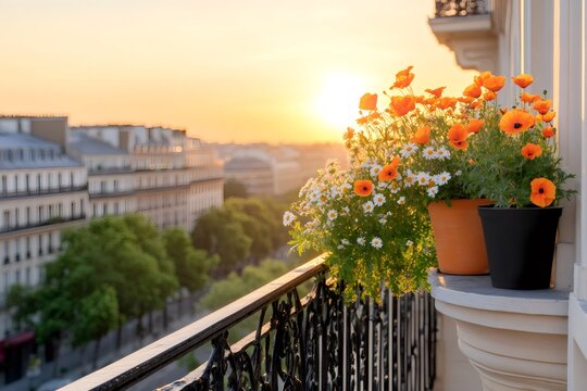 Orange and white flowers blooming on a balcony in Paris at sunset