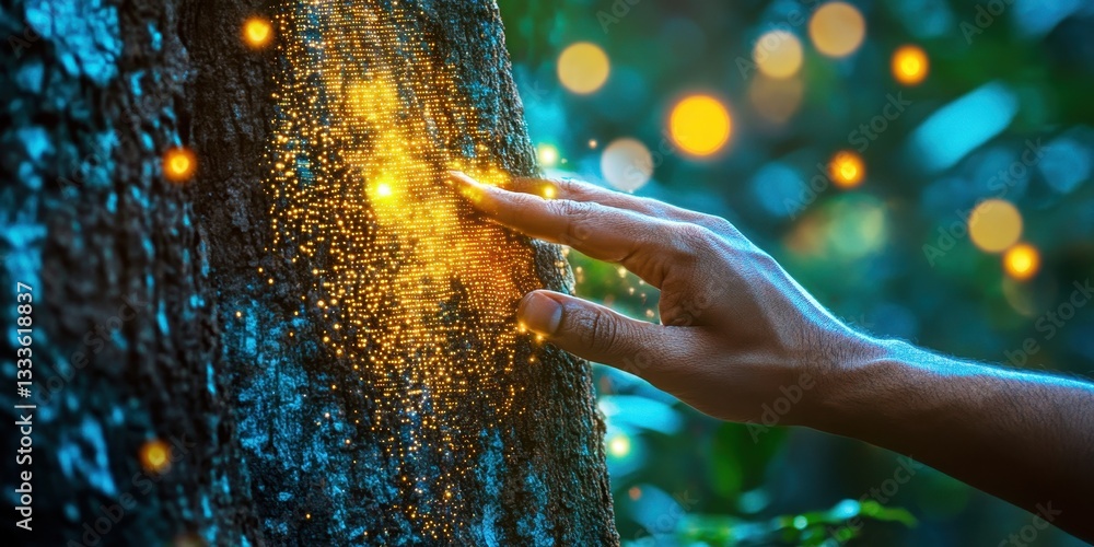 Poster touch of magic: a hand gently caresses a tree trunk, sparking a cascade of glowing orbs, symbolizing