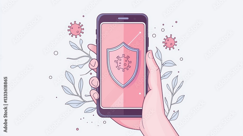 Poster virus and malware protection hand holding a smartphone with a shield icon and virus scan in progress