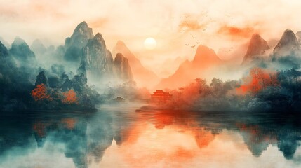 Digital art piece depicting an ancient Chinese silk landscape with mountains, water, and a serene sunset
