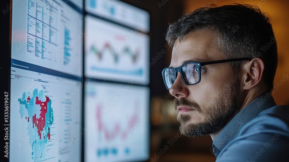 Aufkleber logistics coordinator analyzing shipment data on multiple screens