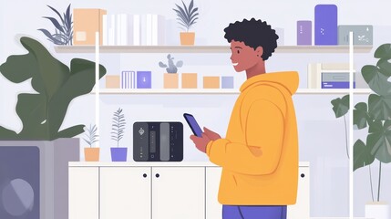 Smart Home Setup: A young man, holding a smartphone, interacts with a sleek smart home device, seamlessly blending technology with his modern living space. 