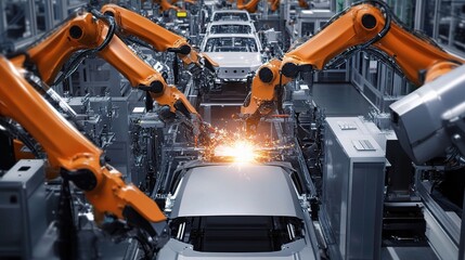 High-Tech Robotic Assembly Line in Automotive Factory Setting