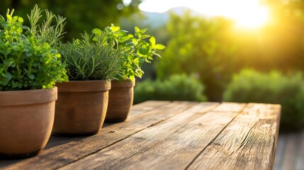 Terracotta pots with herbs growing on a wooden table at sunset