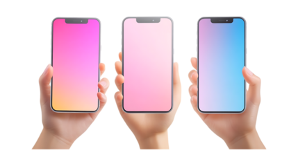 Three hands hold modern smartphones displaying colorful gradient screens isolated on a transparent background for technology marketing.