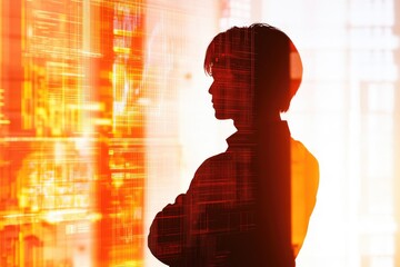 Silhouette of a person overlaid with an orange digital code background, suggesting technological innovation and data processing.