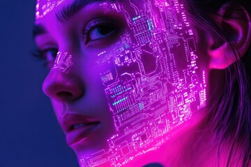 A woman's face is overlaid with a vibrant pink circuit board pattern, symbolizing technological integration with humanity.