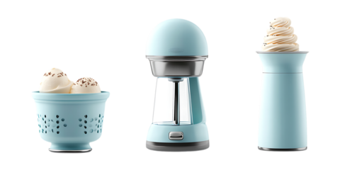 Three distinct powder blue kitchen gadgets, including a sugar shaker and bowl with meringues, are presented on a white surface.