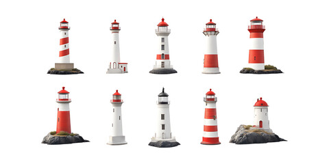 Pack Lighthouse Set on Transparent Background for Nautical Branding, Maritime Decor, and Coastal Designs