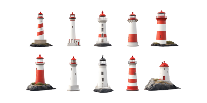 Pack Lighthouse Set on Transparent Background for Nautical Branding, Maritime Decor, and Coastal Designs