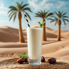 Refreshing Egyptian Sobia coconut drink served in a glass with palm trees and sandy desert in the background on a sunny day