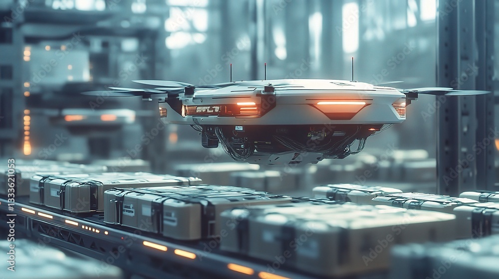 Poster automated drone sorting in a high-tech warehouse logistics setup