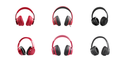 Six modern over-ear headphones in red, maroon, and black variations arranged in two rows isolated on transparent background for tech.