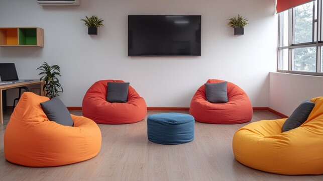 modern workspace with colorful bean bags, blue ottoman, and wall mounted TV for relaxed atmosphere