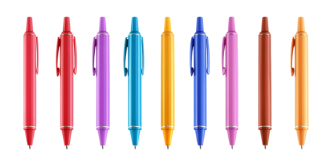 A lineup of colorful retractable ballpoint pens displayed horizontally across a clean transparent background for office supplies.