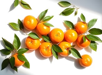 Fresh Oranges with Green Leaves on White Background