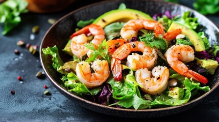 A vibrant salad featuring fresh avocado, mixed lettuce, and succulent shrimp, highlighting a healthy and appealing vegan food concept.