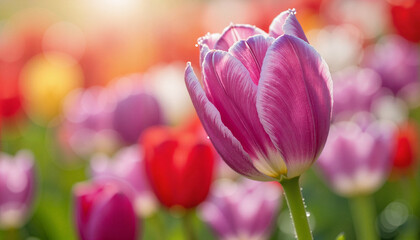 Single purple tulip blooming in vibrant flower field, nature's beauty
