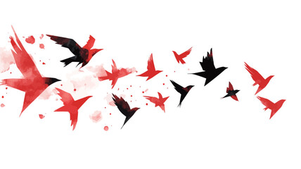 The image is an abstract watercolor painting depicting a flock of birds in flight. The birds are rendered in shades of red and black, with a minimalist style emphasizing movement and form.  The