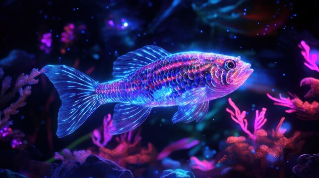 Radiant reef dweller a neon tigerfish illuminated in a deep sea digital aquarium