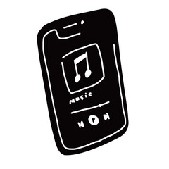 音楽を聴いている画面のスマートフォンの手書きベクターイラストアイコン
