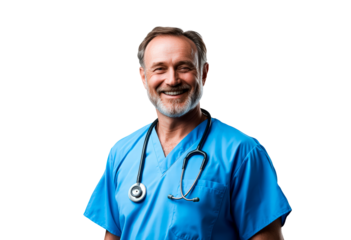 Happy smiling doctor or male nurse in blue uniform with stethoscope isolated on transparent background