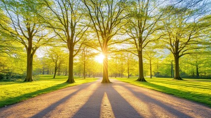 Sunlit park path, spring foliage