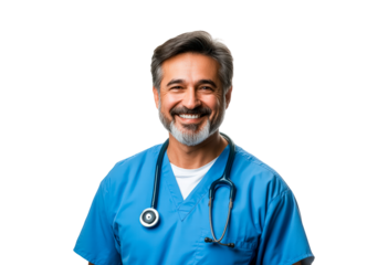 Happy smiling doctor or male nurse in blue uniform with stethoscope isolated on transparent background