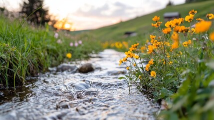 Naklejka premium first day of spring awakening concept. A flowing stream surrounded by vibrant yellow flowers and lush green grass under a scenic sky.