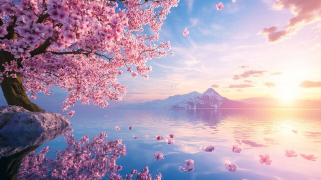 first day of spring awakening concept. A serene landscape featuring cherry blossoms by a tranquil lake at sunset, with mountains in the background and a colorful sky.