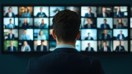 man in suit participates in virtual business meeting with multiple professionals displayed on large screen