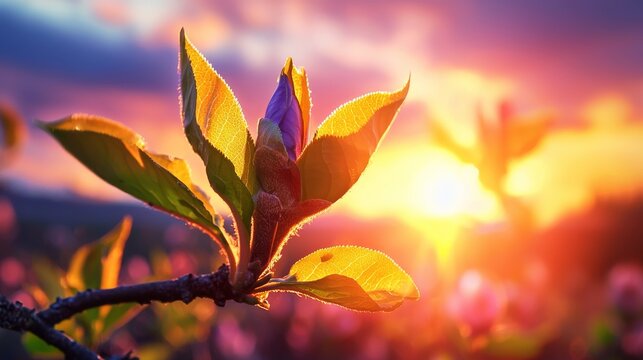 first day of spring awakening concept. Close-up of vibrant leaves against a colorful sunset, capturing the beauty of nature and the transition of day to night.
