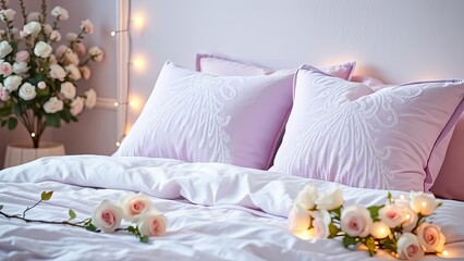 Romantic Lavender Bedroom Decor Soft Pillows Roses Fairy Lights