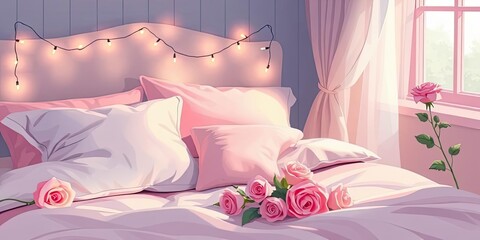 Serene Pink Bedroom Roses Lights Soft Bedding Cozy Home Decor