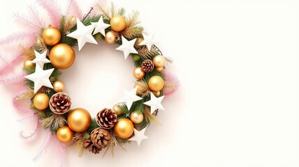 Elegant Gold White Christmas Wreath with Pine Cones Stars