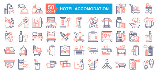 Hotel Accomodation Icon Sheet Shower, Desk Bell, Spa, Restaurant, Luggage Cart, Nightstand, Cleaning Gloves, Room Key, Minibar, Conference Room, Charging Battery, Safety, Karaoke, Gym, Luggage