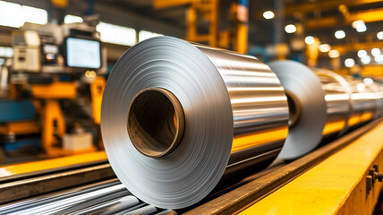 Fototapeta premium Aluminum Coils on Conveyor Belt in Factory 