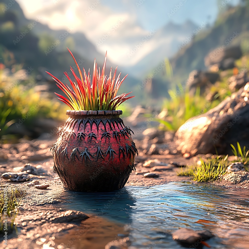 Poster ancient pot with red grass in mountain stream setting