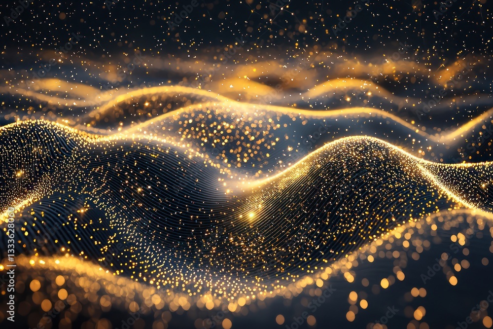 Poster abstract digital background with gold particle waves under shining stars.