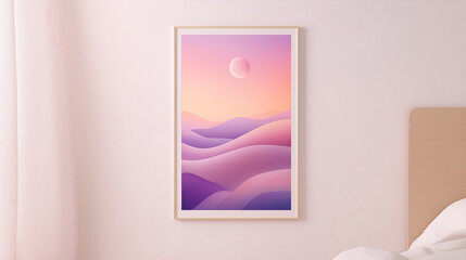  framed abstract artwork featuring serene rolling hills in pastel shades of purple and pink, with a gradient sky transitioning from pink to purple and a sun or moon centerpiece.