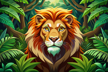 lion head in tropical jungle abstract cartoon