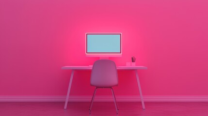 minimalist workspace with glowing computer monitor on white desk, set against vibrant pink wall