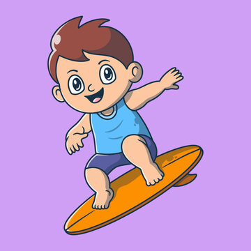 Cute surfer boy cartoon character riding on surfboard